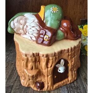 Vintage Hand Painted Ceramic‎ Gnome Fairy Cookie Jar Bunny Woodland Whimsical